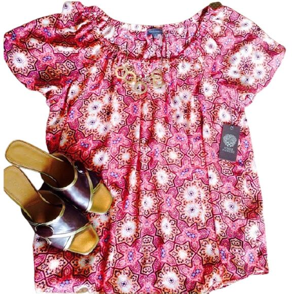 VINCE CAMUTO Pink Casablanca Tile Blouse Small NEW - Picture 1 of 4
